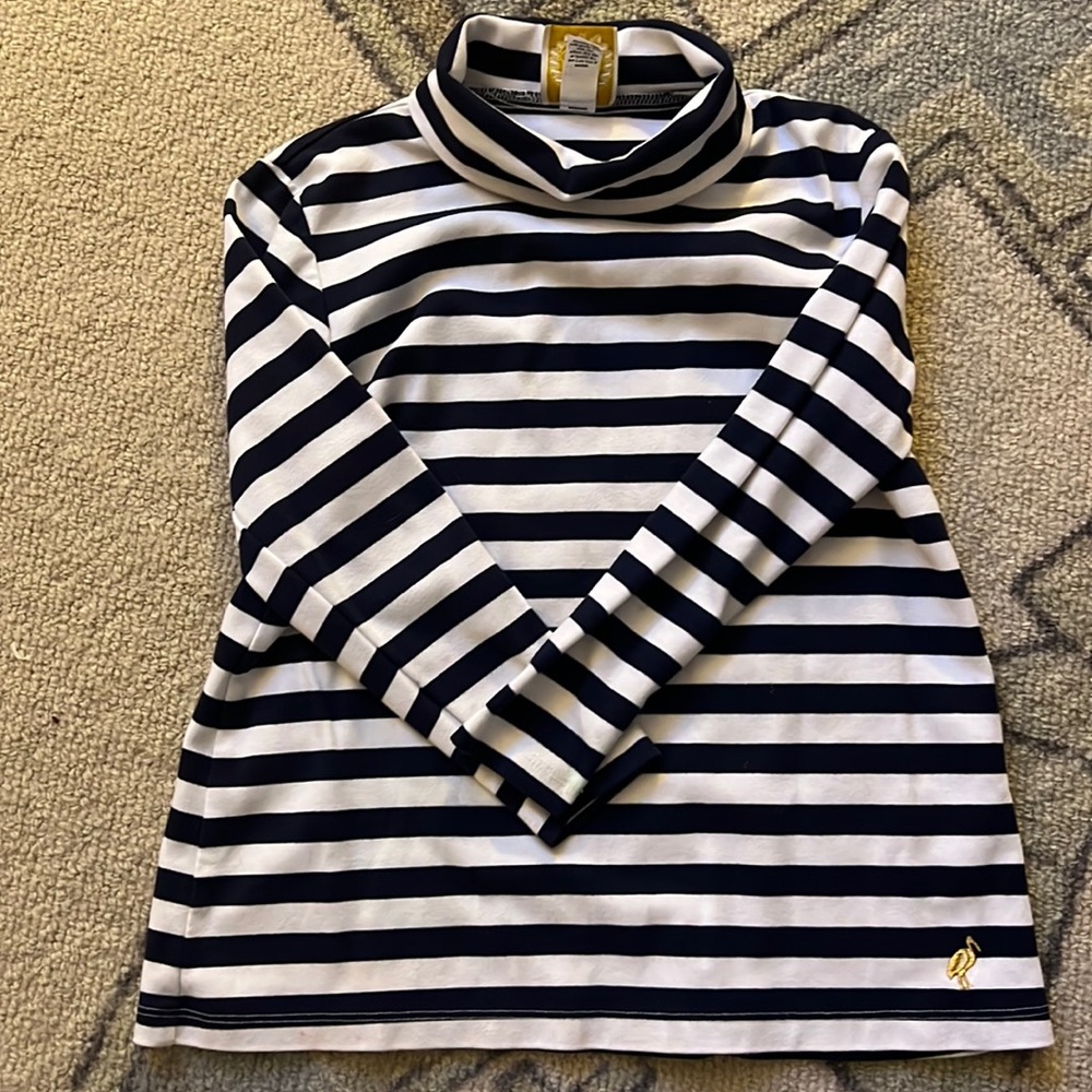 The Beaufort Bonnet size 7, navy and white turtleneck tunic shirt.
